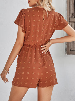 Women's solid color V-neck chiffon jacquard short-sleeved rompers