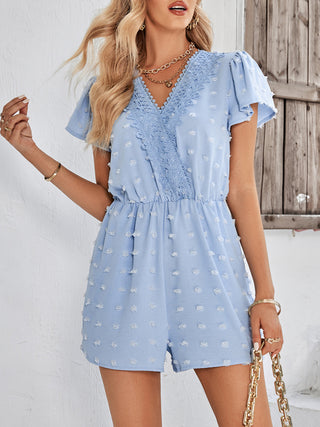 Women's solid color V-neck chiffon jacquard short-sleeved rompers