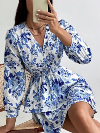 Women's Woven Print Fashion V Neck Pleated Long Sleeve Dress