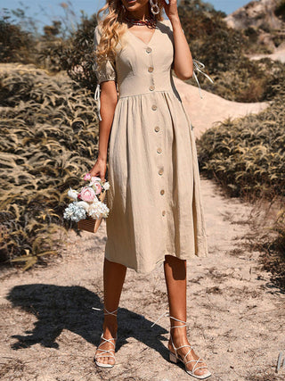 Women's Woven V-neck Breasted A-line Short Sleeve Dress