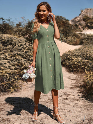 Women's Woven V-neck Breasted A-line Short Sleeve Dress