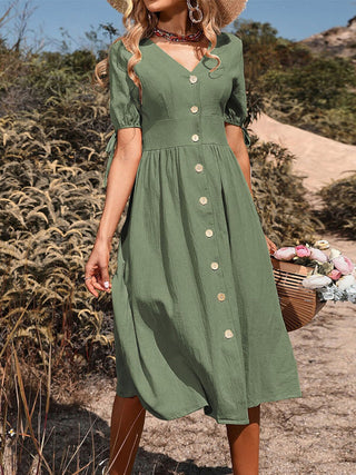 Women's Woven V-neck Breasted A-line Short Sleeve Dress