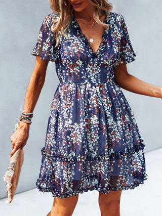 Women's Floral Print Flutter Sleeve Faux Wrap Mini Dress