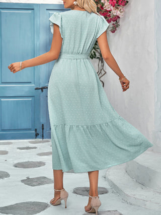 Women's Solid Color Lace Trim Tie Waist Midi Dress