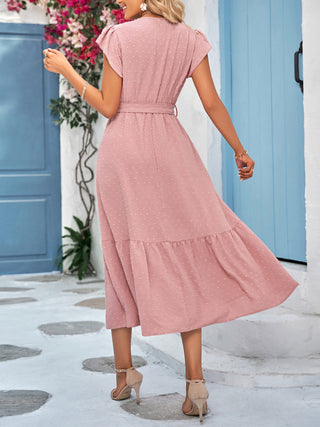 Women's Solid Color Lace Trim Tie Waist Midi Dress