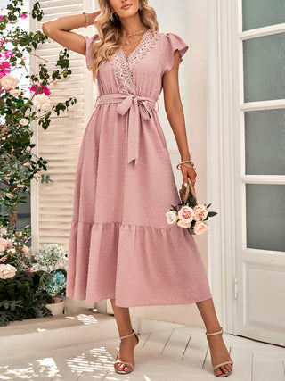 Women's Solid Color Lace Trim Tie Waist Midi Dress