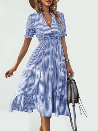 Women's Stripe Print Puff Sleeve Tiered Maxi Dress