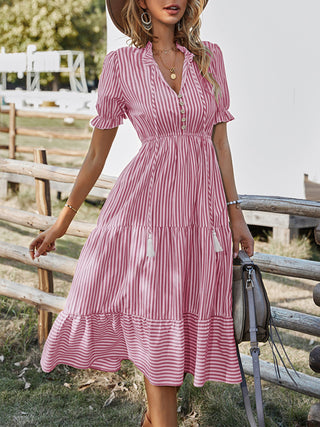Women's Stripe Print Puff Sleeve Tiered Maxi Dress