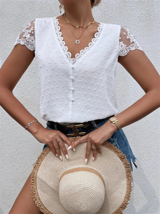 Women's V-Neck Shirt Collar Sleeve Lace Trim Shirt