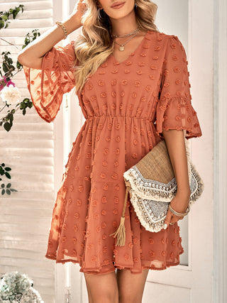 Women's Solid Color V-neck Clip Dot Chiffon Dress