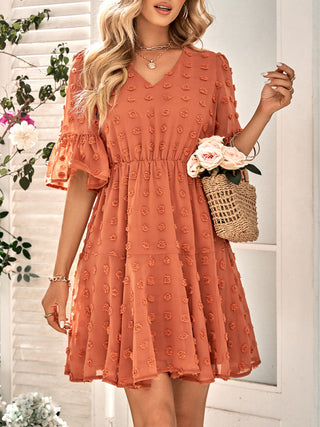 Women's Solid Color V-neck Clip Dot Chiffon Dress