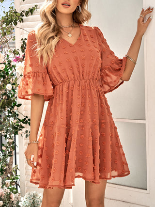 Women's Solid Color V-neck Clip Dot Chiffon Dress