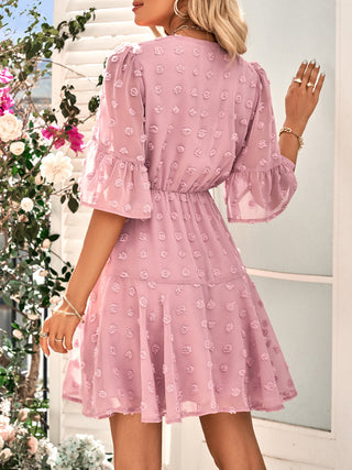 Women's Solid Color V-neck Clip Dot Chiffon Dress