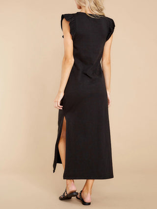 Women's A-line mid-length knitted dress with wooden ears