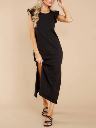 Women's A-line mid-length knitted dress with wooden ears