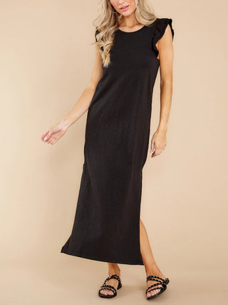 Women's A-line mid-length knitted dress with wooden ears