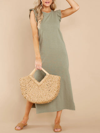 Women's A-line mid-length knitted dress with wooden ears