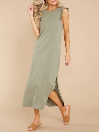 Women's A-line mid-length knitted dress with wooden ears