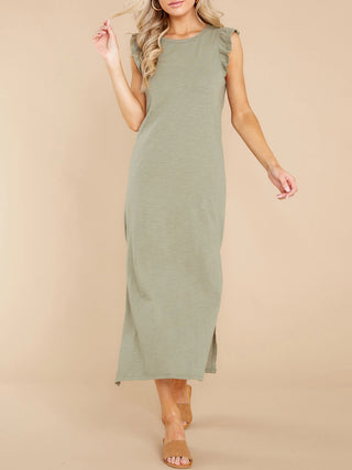 Women's A-line mid-length knitted dress with wooden ears