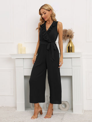 Women's Sleeveless V Neck Ruffle Lace Pleated Jumpsuit