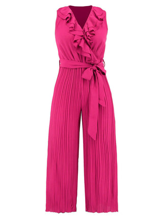 Women's Sleeveless V Neck Ruffle Lace Pleated Jumpsuit