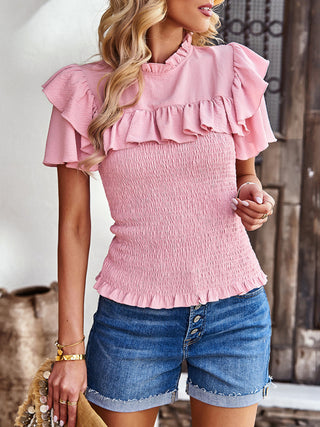 Women's solid color temperament elegant ruffled short-sleeved shirt