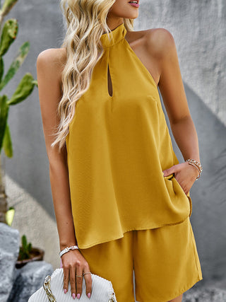 Women's Solid Color Cutout Mock Neck Halter Top