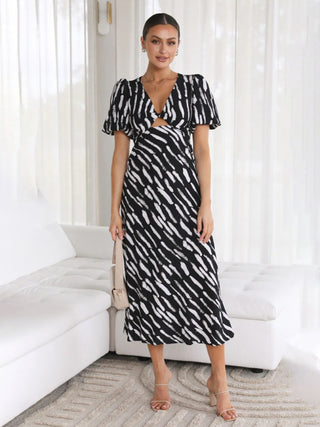 Women's Printed Twist Front Cutout Puff Sleeve Midi Dress