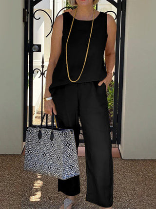 Women's Solid Color Crew-neck Sleeveless Linen And Cotton Top With Matching Wide-leg Pants