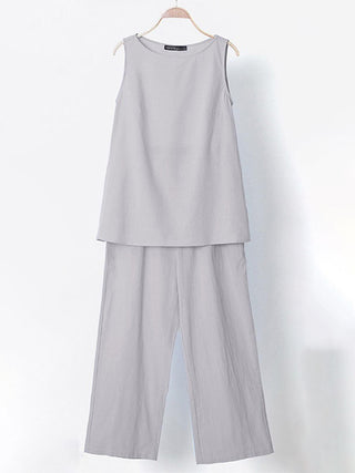 Women's Solid Color Crew-neck Sleeveless Linen And Cotton Top With Matching Wide-leg Pants