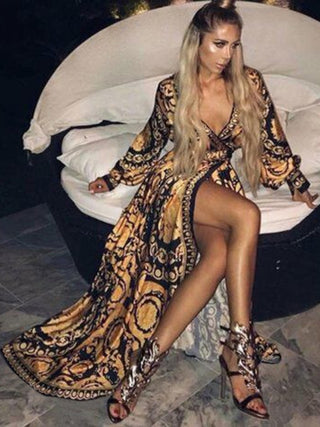 Women's Print Long Sleeve Wrap Maxi Dress