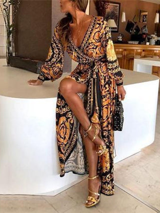 Women's Print Long Sleeve Wrap Maxi Dress
