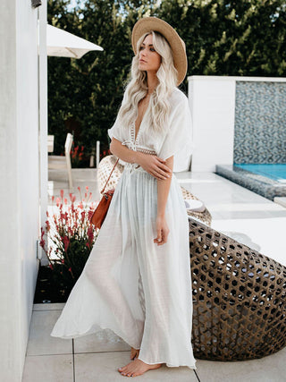 Women's Solid Color Embroidered Lace Maxi Beach Cover-Up Dress