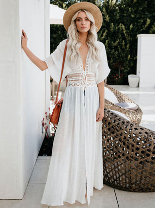 Women's Solid Color Embroidered Lace Maxi Beach Cover-Up Dress