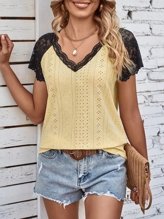 Women's Lace Petal Sleeve V-Neck Open Knit Top