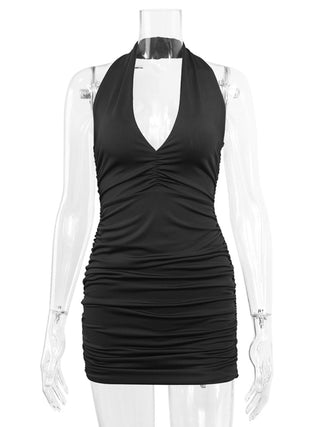 Women's Solid Color Ruched Halter Neck Mini Dress