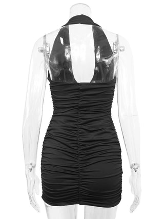 Women's Solid Color Ruched Halter Neck Mini Dress