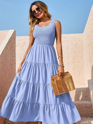 Women's Solid Color Pleated Panel Sleeveless Swing Dress