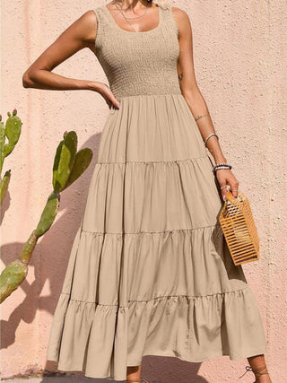Women's Solid Color Pleated Panel Sleeveless Swing Dress