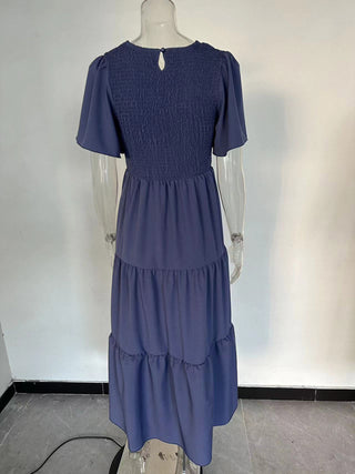 Women's Solid Color Round Neck Pleated Resort Dress