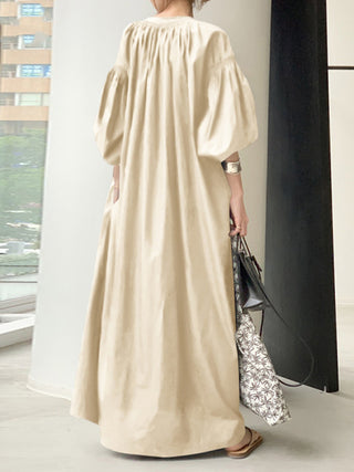 Women's Elegant Solid Color Balloon Sleeve Shirt Dress