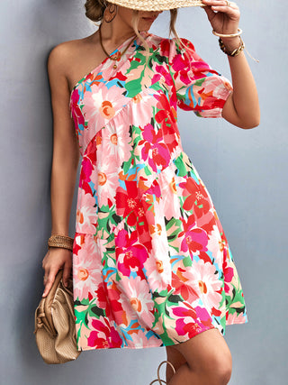Women's Printed One Shoulder Diagonal Dress