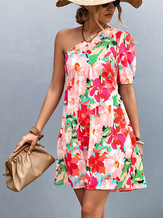 Women's Printed One Shoulder Diagonal Dress
