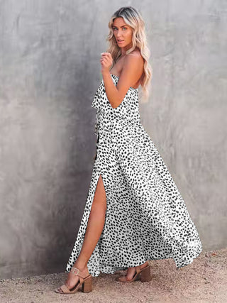 Women's Dot Print Strapless Linen And Silk Slit Maxi Dress