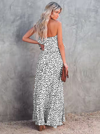 Women's Dot Print Strapless Linen And Silk Slit Maxi Dress