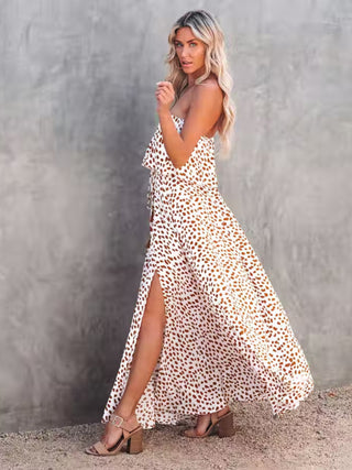 Women's Dot Print Strapless Linen And Silk Slit Maxi Dress