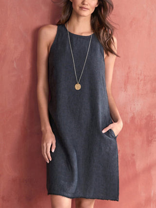 Women's Woven Casual Cotton Linen Comfortable Round Neck Sleeveless Dress