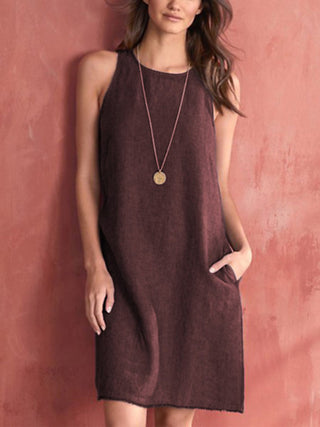 Women's Woven Casual Cotton Linen Comfortable Round Neck Sleeveless Dress