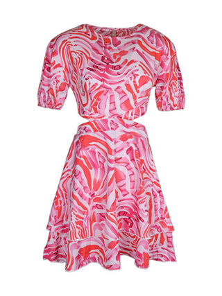 Women's Woven Round Neck Hollow Backless Ties Abstract Print Dress