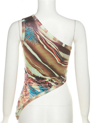 Women's Fashion Printed One Shoulder Sleeve Diagonal Hem Slim Fit Bottom Vest